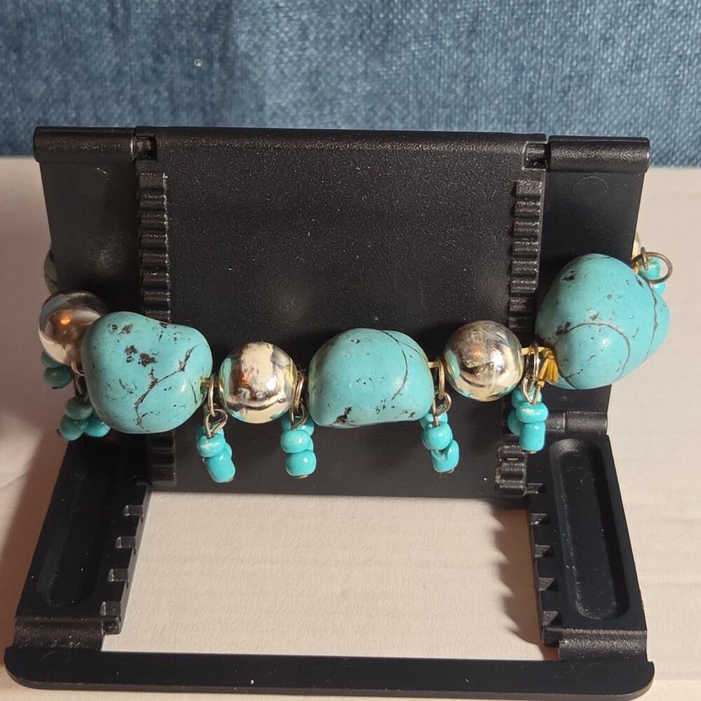 Chunky Faux Turquoise Silver Tone Stretch Bracelet Boho Y2K NWOT - Picture 12 of 16
